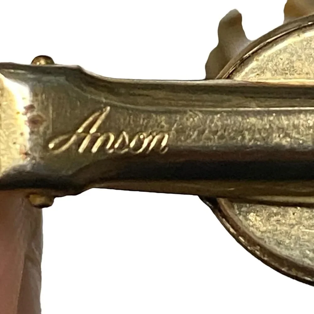 Anson Men's Cufflinks Set Tie Bar CLIP Black and Gold Tone Initial E